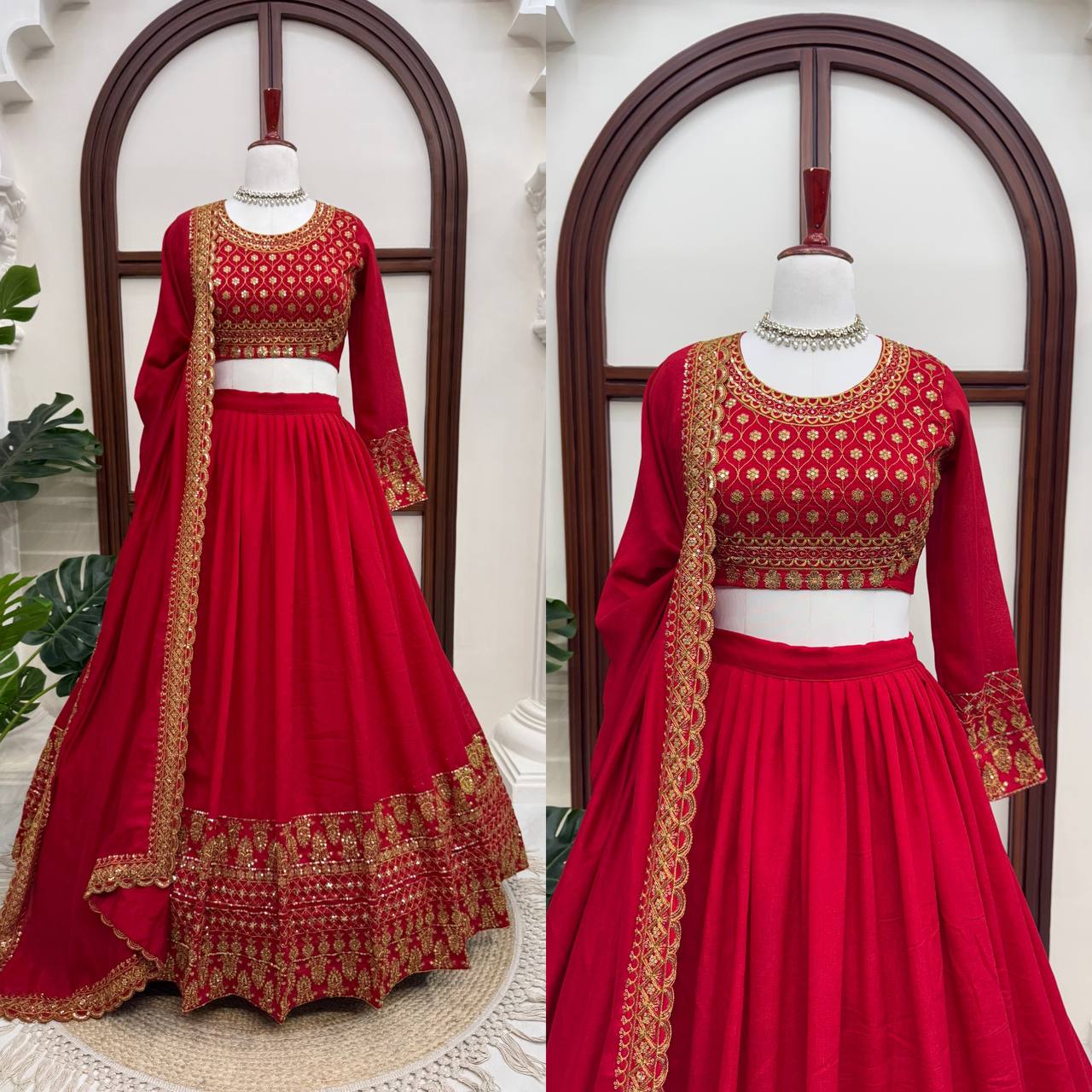Classic Crimson Red Bridal Lehenga Choli Featuring Opulent Gold Zari Embroidery and Scalloped Borders